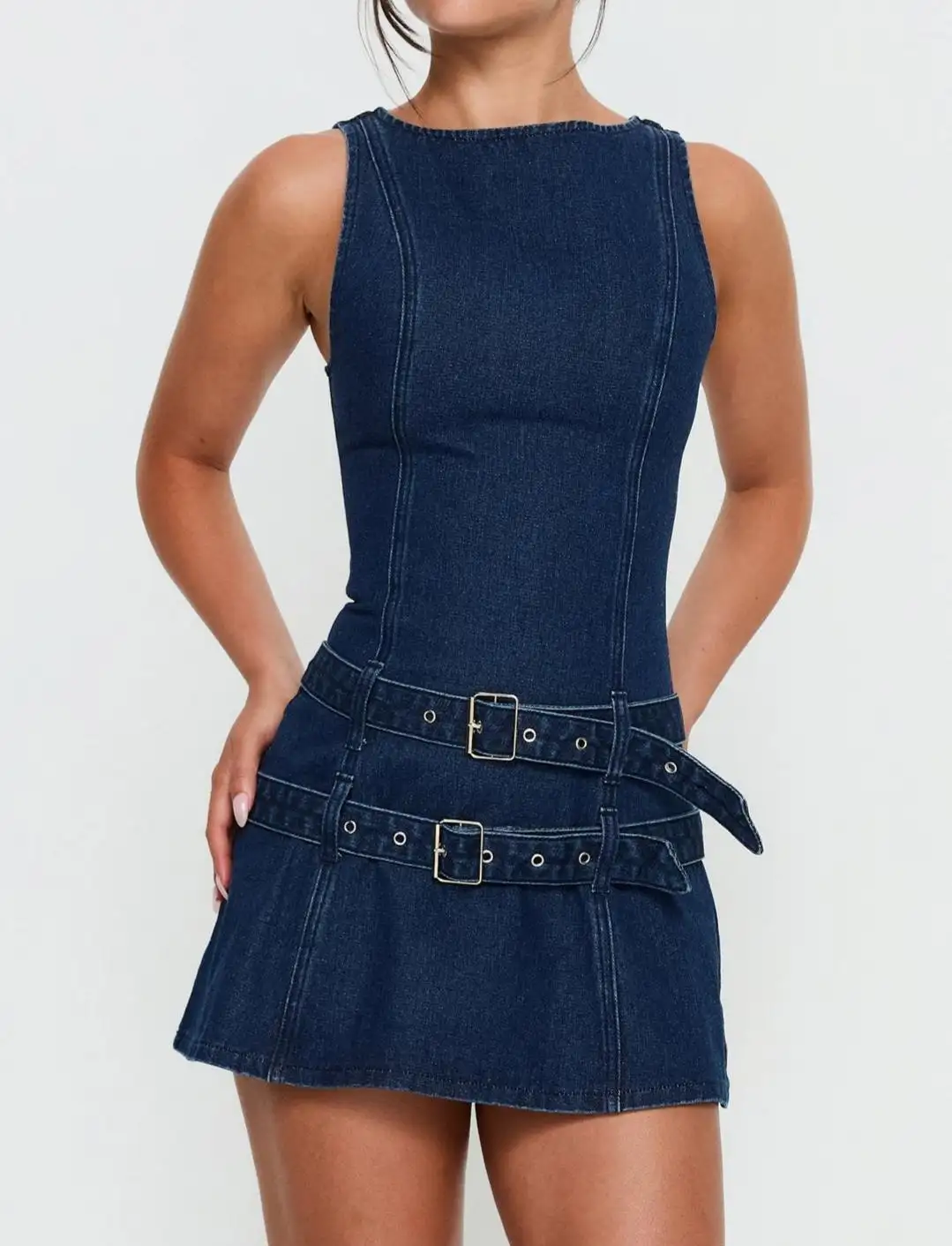 Dress Women Sleeveless Denim Mini Dress with Belt High Quality Factory Supply Manufacturer Custom Low OEM MOQ
