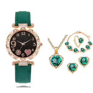 LC-05 Explosive 6pcs/set Fashion Diamond Set Butterfly Love Belt Women's Watch Quartz Watch+Pink Love Stone Jewelry Set