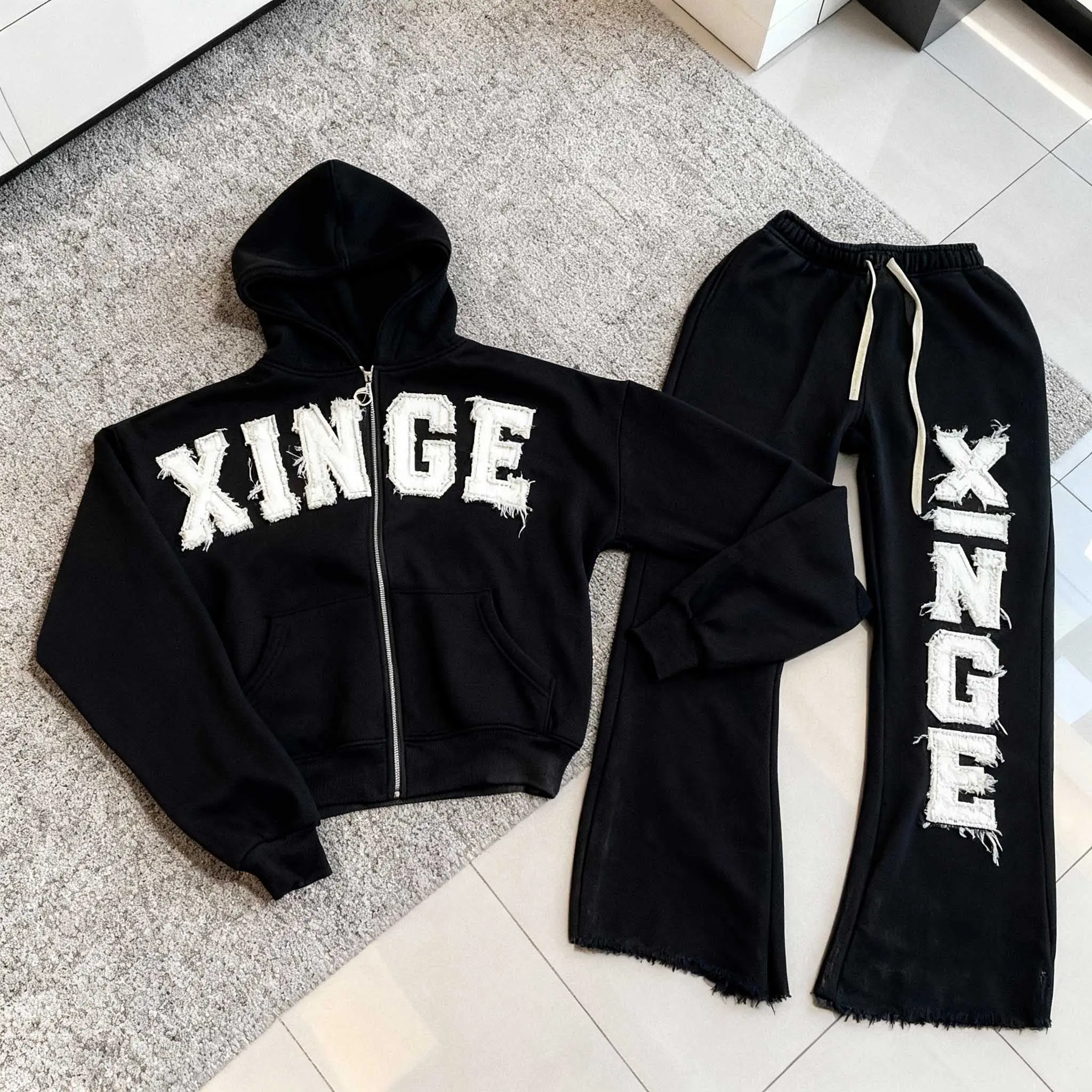 2026 Spring New Design High Quality Full Zipper Track Suit Custom Embroidered Patch Casual Oversized Streetwear Tracksuit Set