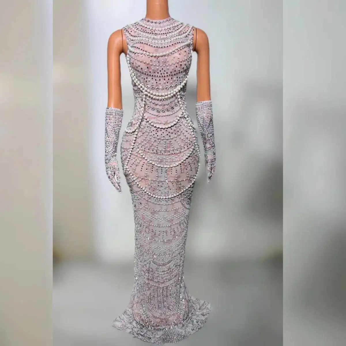 Ocstrade Women Elegant Rhinestone Decoration High Quality Straight Luxury Pearl Chain French Woman Cocktail Dress with Gloves