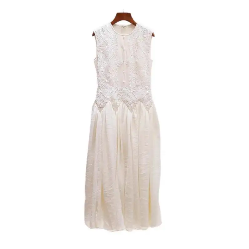 Lady Summer Quality Embroidery Dress O-neck Sleeveless Patchwork Long Dress For Women