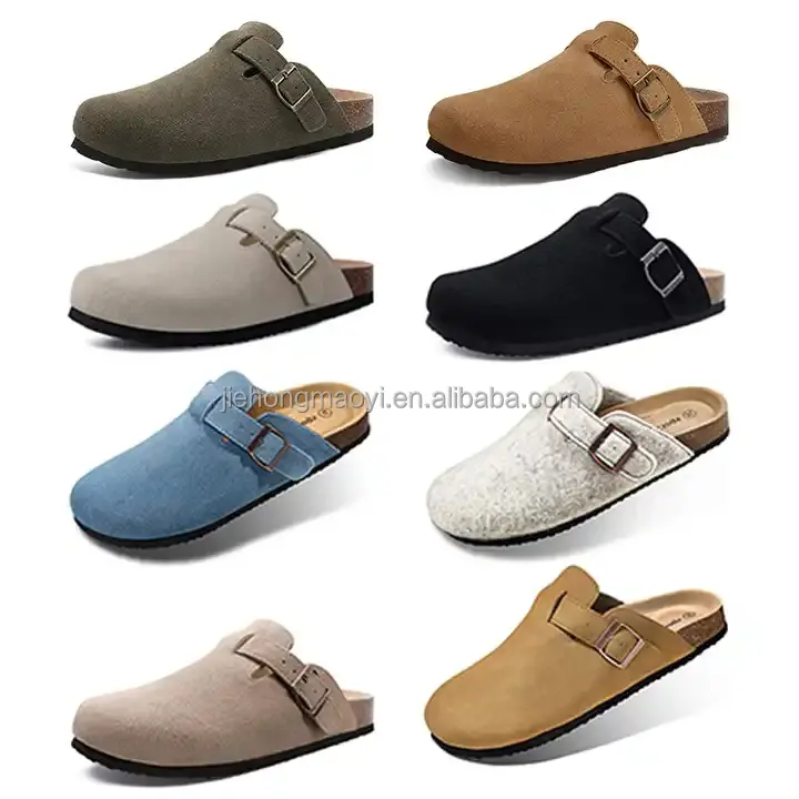 Birkenstocks Spring Collection Cowhide Flat Sandals Cork Sole Heightened Sole Closed Toe Slip-On Closure Genuine Cow Leather