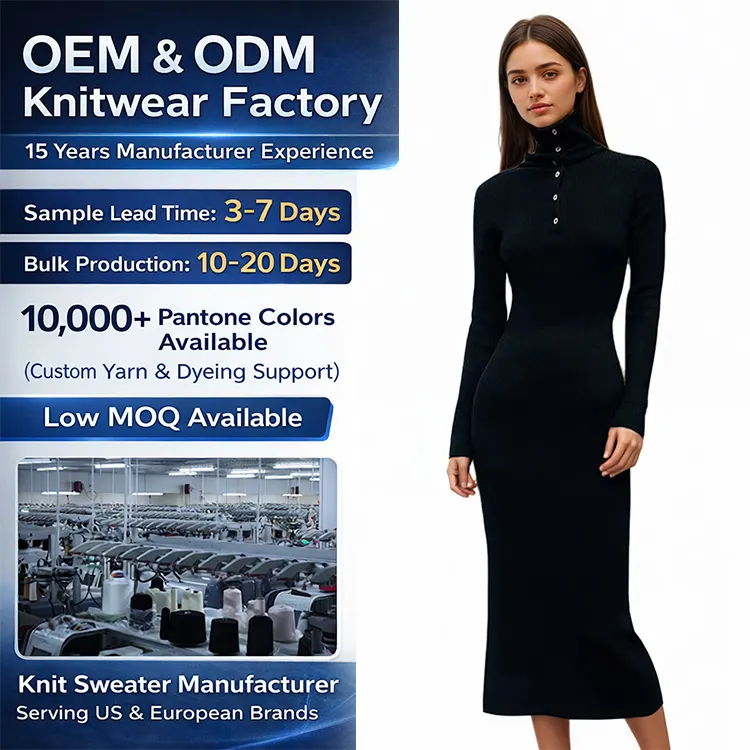 Women's High-Neck Buttoned Long Sleeve Knitted Loose Spring Midi Dress Simple Minimalist Style Breathable Thin Fabric ODM