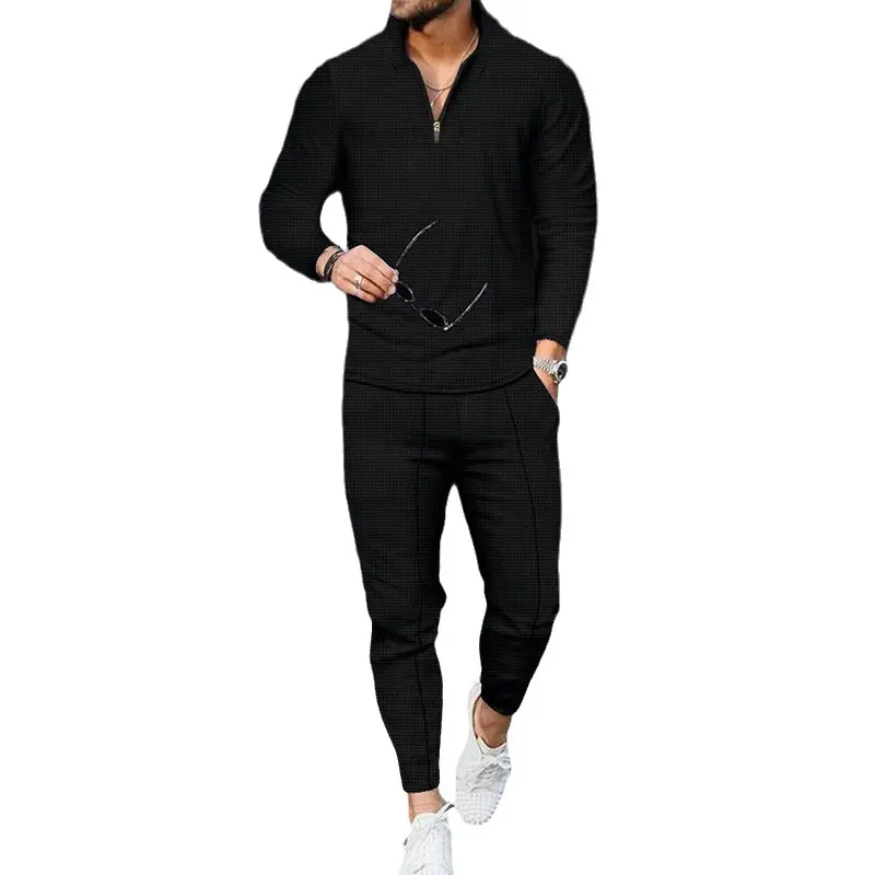 New Arrival Set Spring Men's Shirt Set Solid Color Men's Sportswear Suit Waffle Two Piece Pant Set