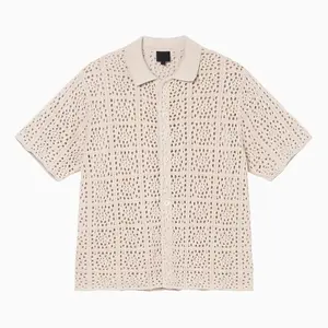 Summer Short Sleeve Custom Logo Crochet Knit Mesh 100 Cotton Button Down Mens Knitwear Polo T Shirt Crochet Shirt