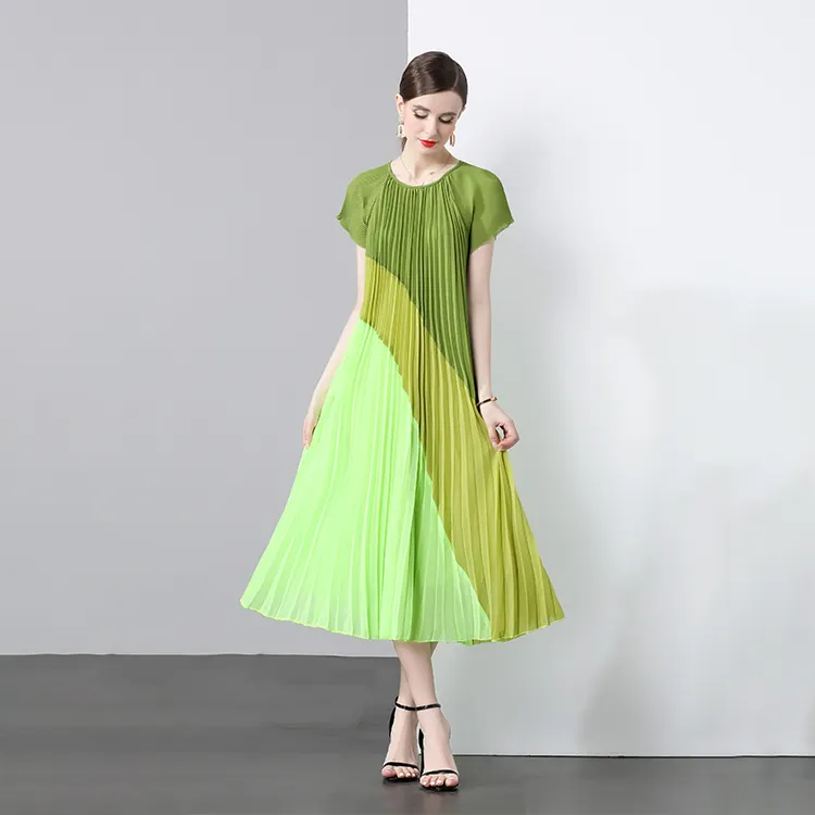 Women Clothing Dress Summer Vintage O-Neck Slim Pleated Midi Dress for Women Short Sleeve Empire Shift Lace Dress Purple Yellow