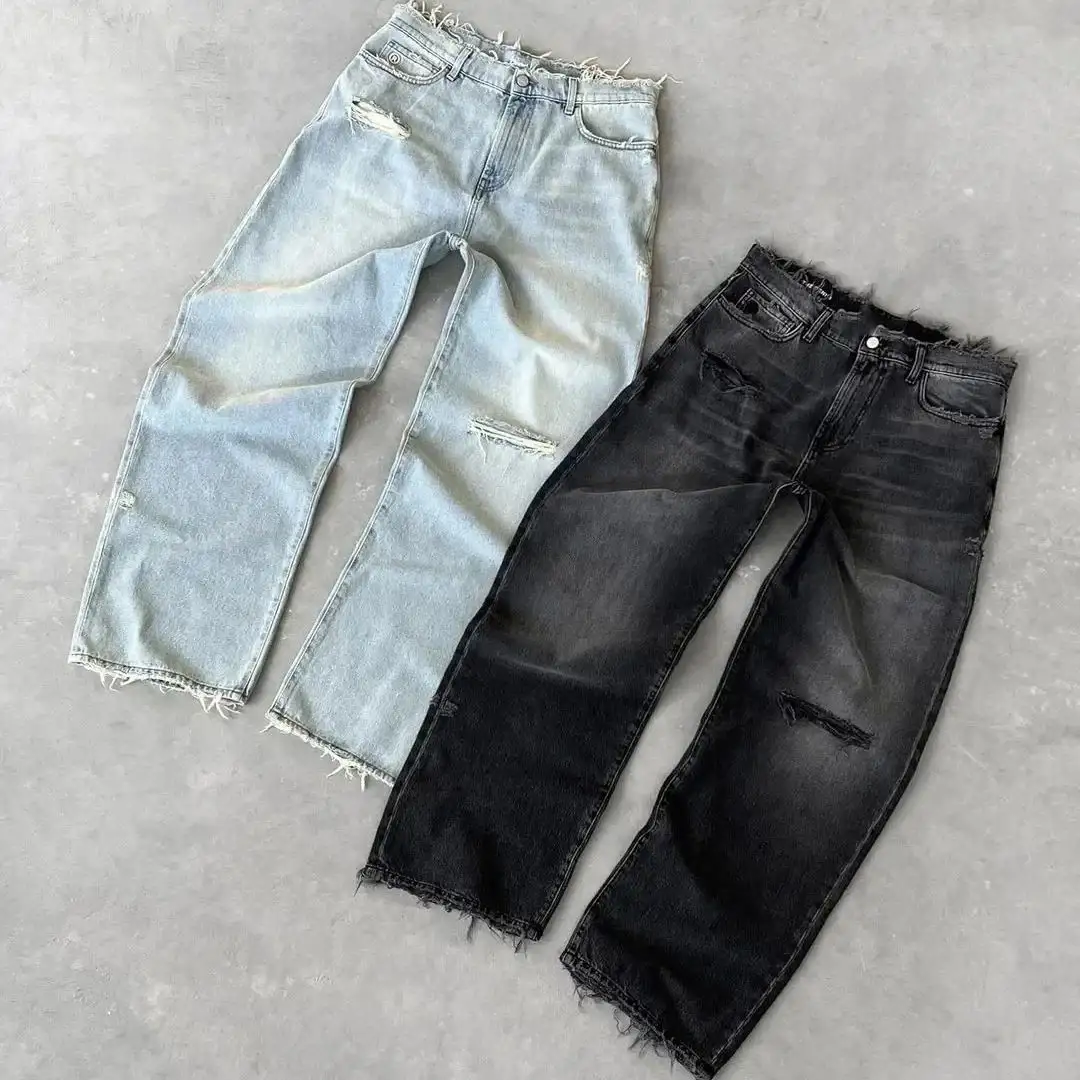 Custom Embroidered Vintage Distressed Jeans Washed Ripped Baggy Jeans Y2k Loose Wide Leg Baggy Streetwear Denim Jeans Men
