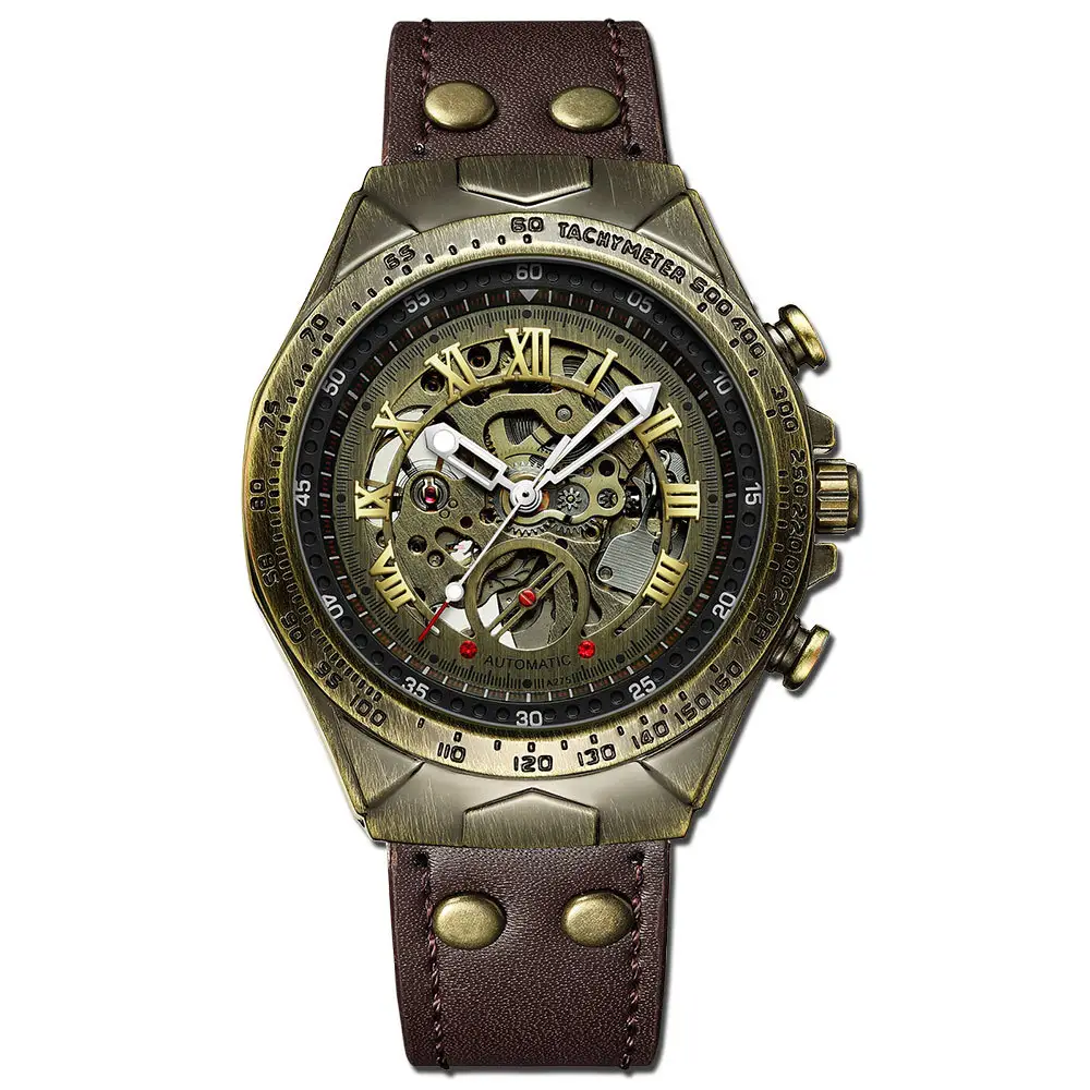 Men's Retro Automatic Mechanical Watch with Casual Leather Strap Luxury Business Waterproof Clock Stainless Steel Band