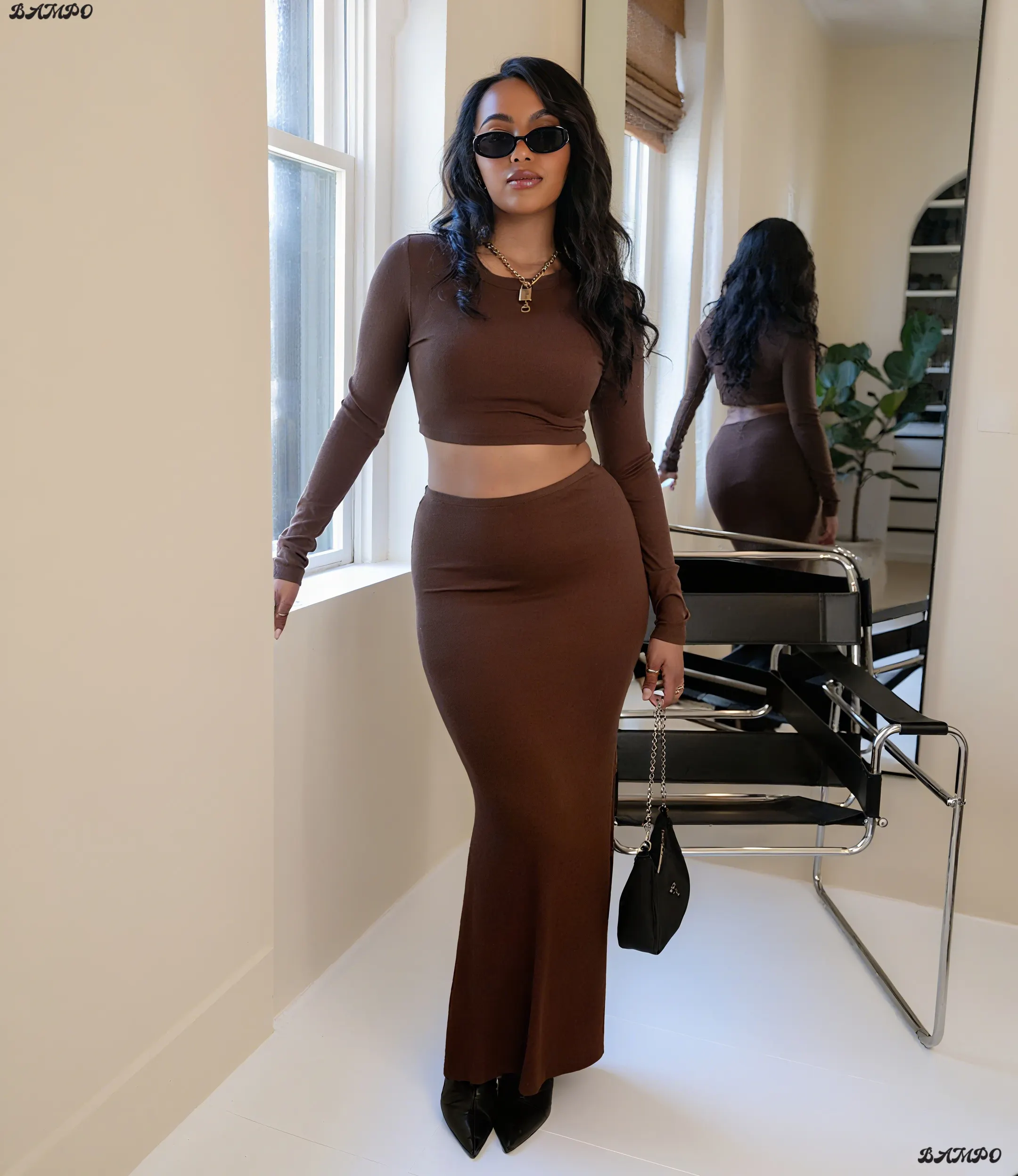 2025 New Custom Logo Color Autumn Long Dress Modal Cotton Ribbed Women Clothing Lounge-wear Set Women's Dresses