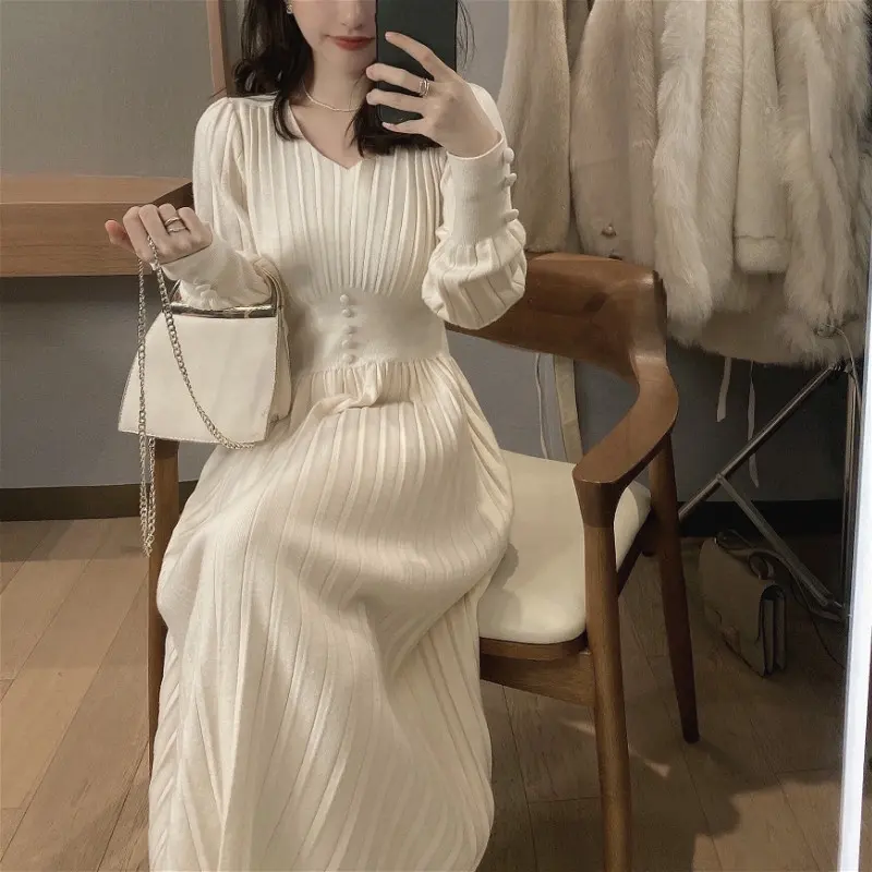 Knitted Dress Women Casual Long Sleeve Vintage Elegant Office Sweater Dress Female 2020 Winter One-piece Dress Korean Outerwear