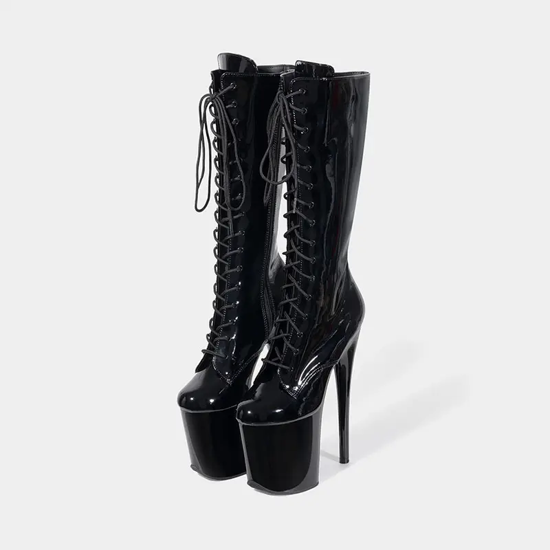 8-Inch Ultra High Heel Fetish Boots Knee High Unisex Drag Queen Crossdresser Nightclub Party Dance Platform Lace-Up Calf Boots