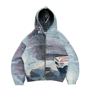 China Manufacture Fashion Men Clothing Zip up Jacquard Woven Hoodie Tapestry Custom Sweater Jacket